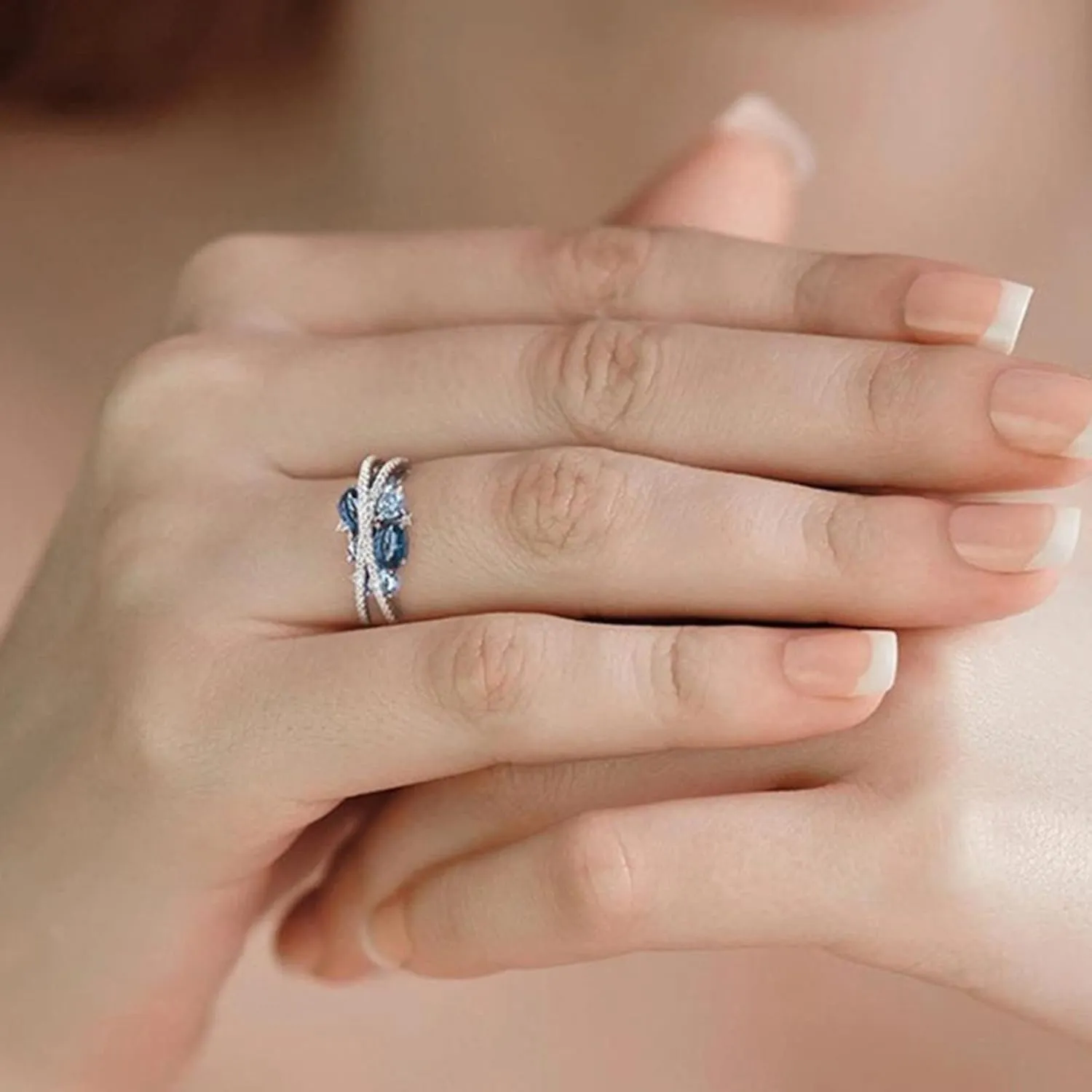 Blue Gemstone Birthstone and Zircon Ring for Women Oval Shape Engagement Rings Side Stones Promise Bridal Ring