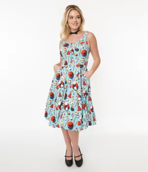 Blue Santa Kitty Print Swing Dress
