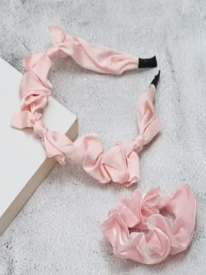 Blush Elegance: Peach-Toned Satin Hairband and Scrunchie Pack of 2 with Pearly Sheen
