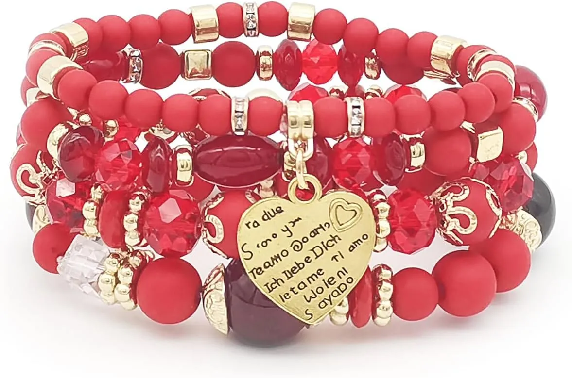 Bohemian Beaded Stretch Bracelet Set, Boho Crystal Jewelry Mothers Birthday Gifts for Women Mom Grandma Girls