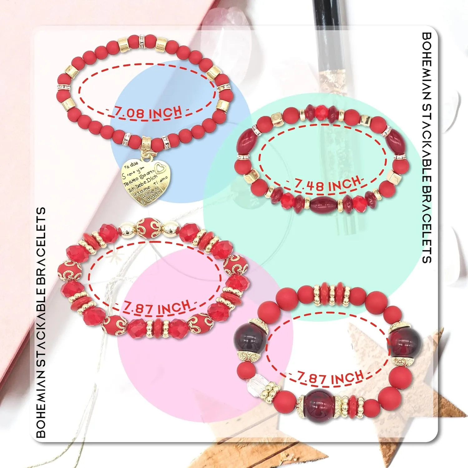 Bohemian Beaded Stretch Bracelet Set, Boho Crystal Jewelry Mothers Birthday Gifts for Women Mom Grandma Girls