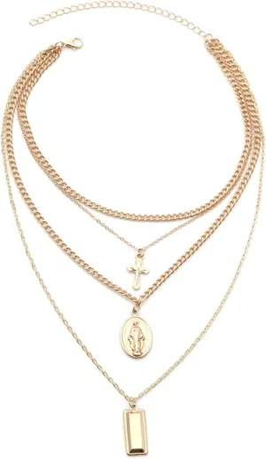 Boho Necklaces for Women Layered, Oval Tag Pendant Cross 4 Layered Layered Gold Necklace Pendant