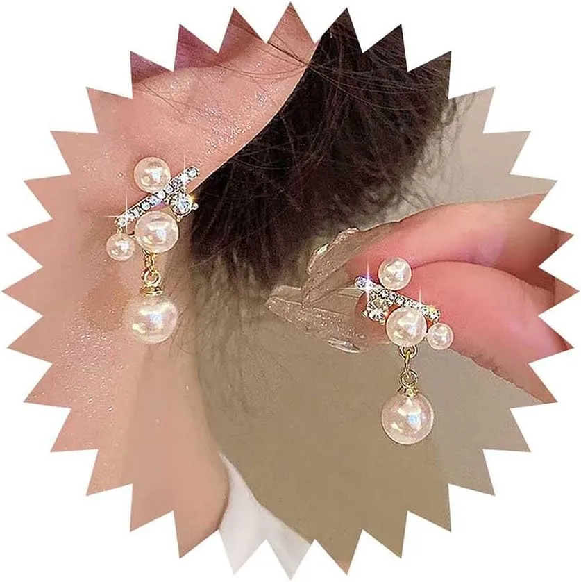 Boho Pearl Crystal Earrings Cluster Pearl Earrings Gold Pearl Stud Earrings Cz Ear Climber Earrings Wedding Pearl Dangle Earrings Jewelry for Women