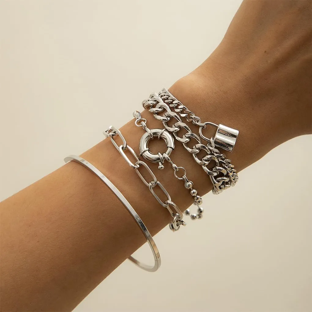 Boho Stackable Gold Lock Bracelets Set for Women Chunky Layered Cuban Chain Bangles Dainty Adjustable Beads Circle Bracelets Birthday Jewelry Gift
