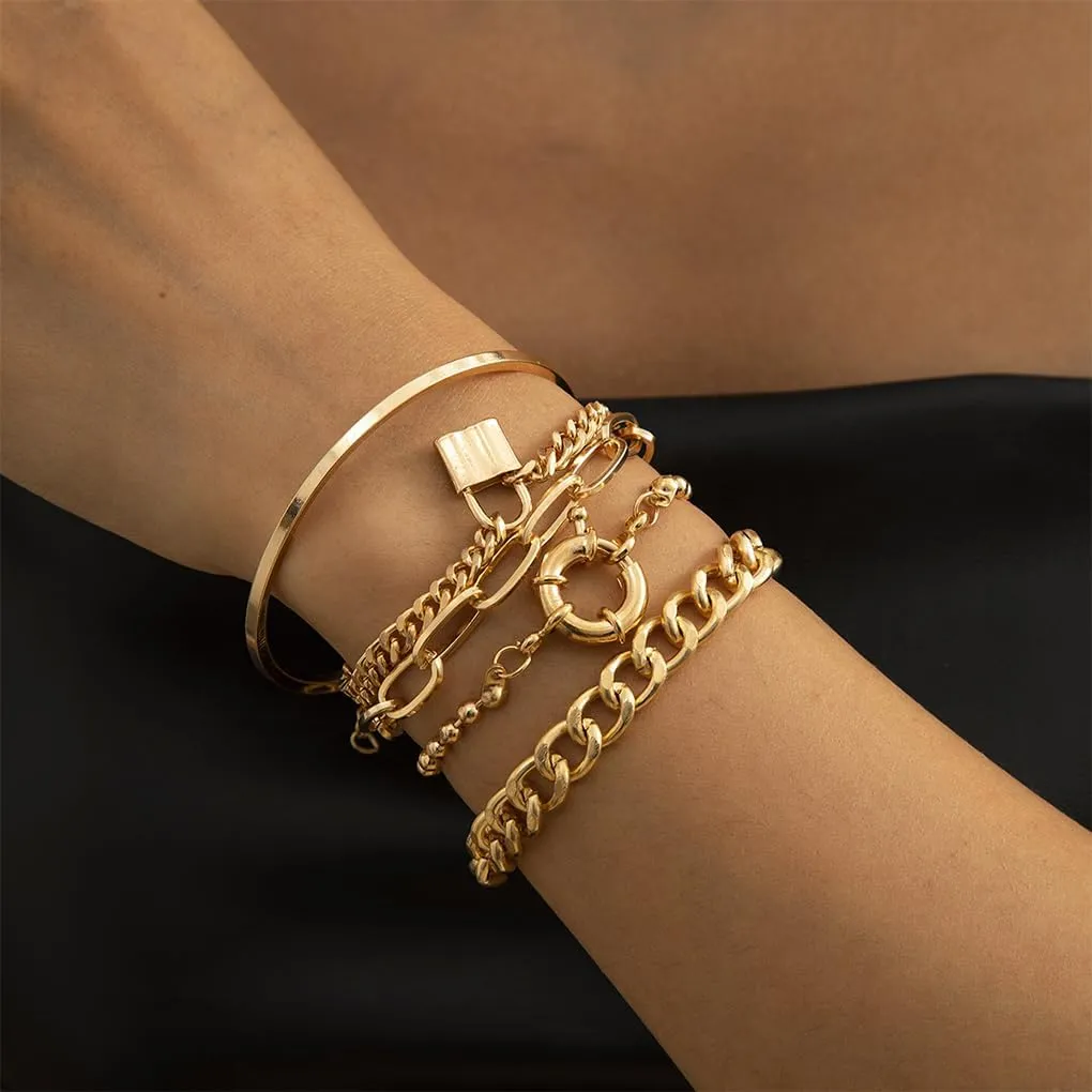 Boho Stackable Gold Lock Bracelets Set for Women Chunky Layered Cuban Chain Bangles Dainty Adjustable Beads Circle Bracelets Birthday Jewelry Gift