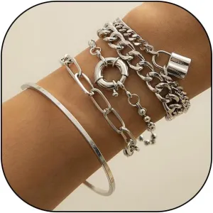 Boho Stackable Gold Lock Bracelets Set for Women Chunky Layered Cuban Chain Bangles Dainty Adjustable Beads Circle Bracelets Birthday Jewelry Gift