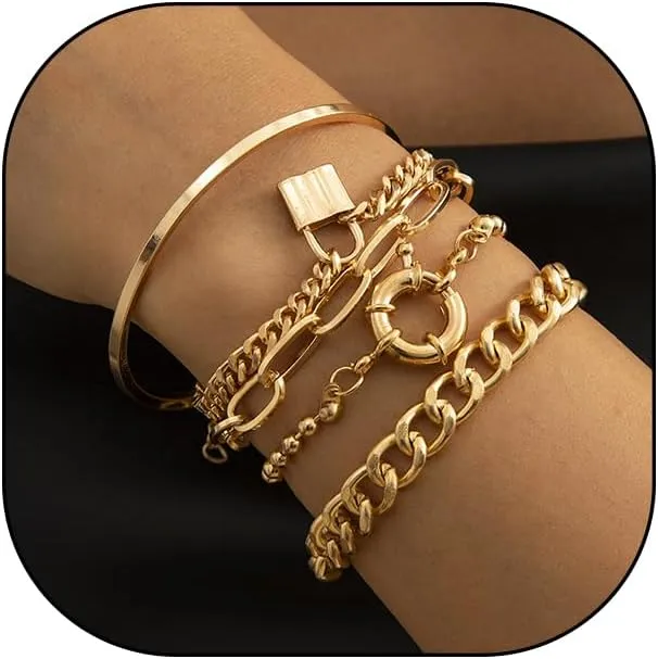 Boho Stackable Gold Lock Bracelets Set for Women Chunky Layered Cuban Chain Bangles Dainty Adjustable Beads Circle Bracelets Birthday Jewelry Gift