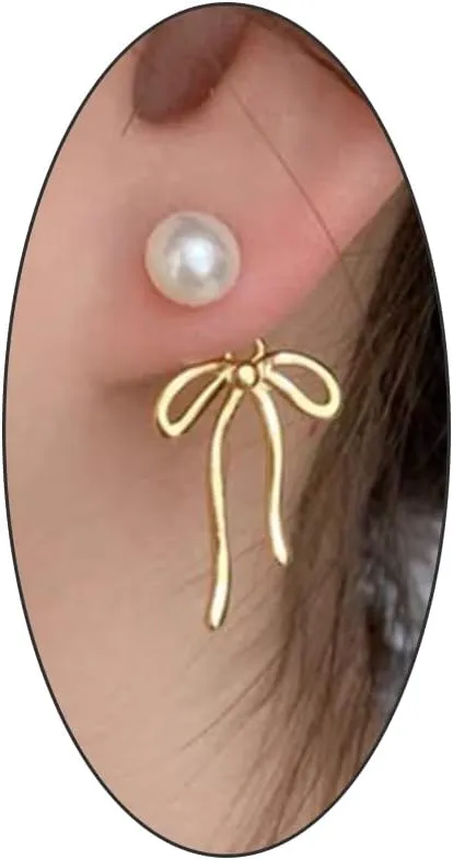 Bow Pearl Statement Earrings for Women,14K Gold Bowknot Pearls Tassels Earrings Party Prom Minimalist Bow Jacket Earrings Accessories Gifts