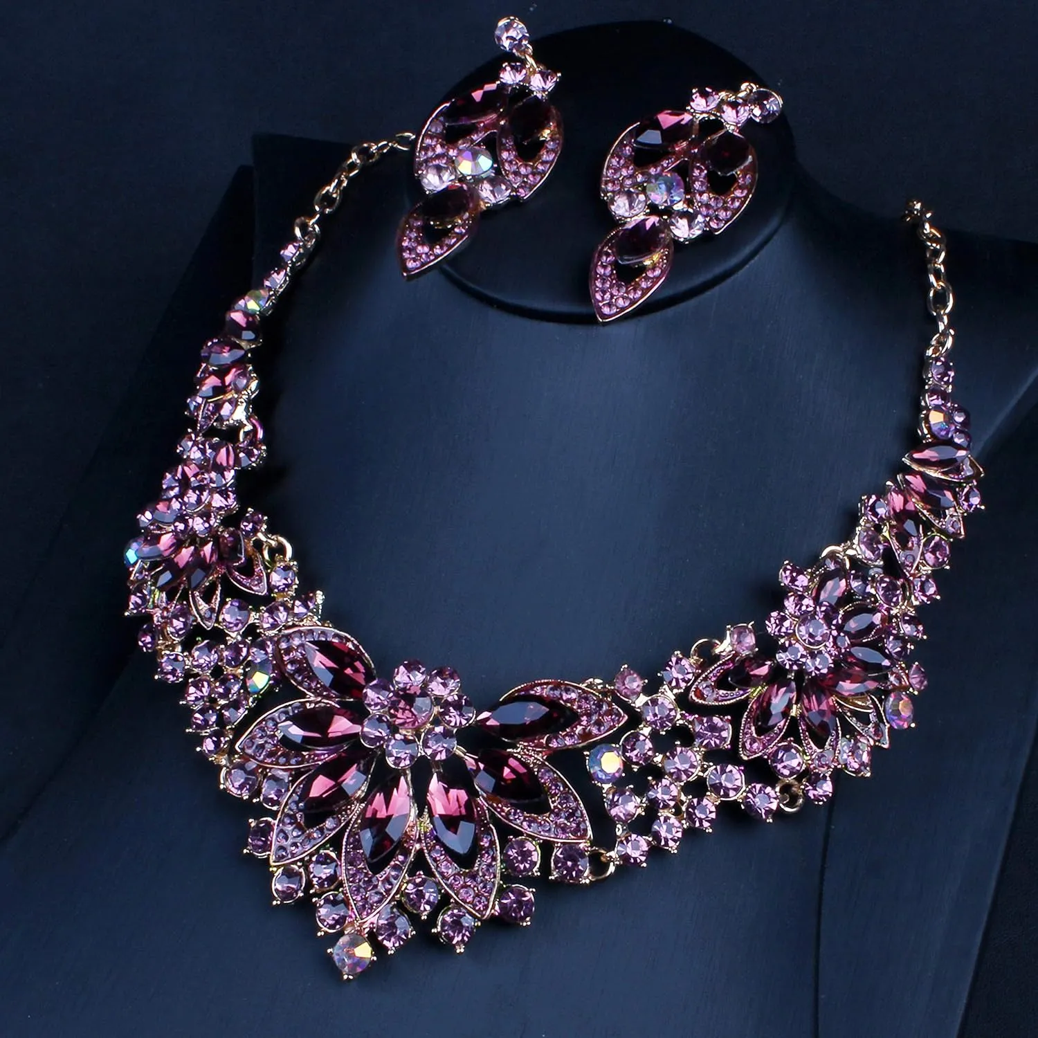 Bridal costume jewelry for women prom gothic jewelry Crystal Choker Pendant Bib Statement Charm Necklace and Earrings wedding jewelry sets for brides