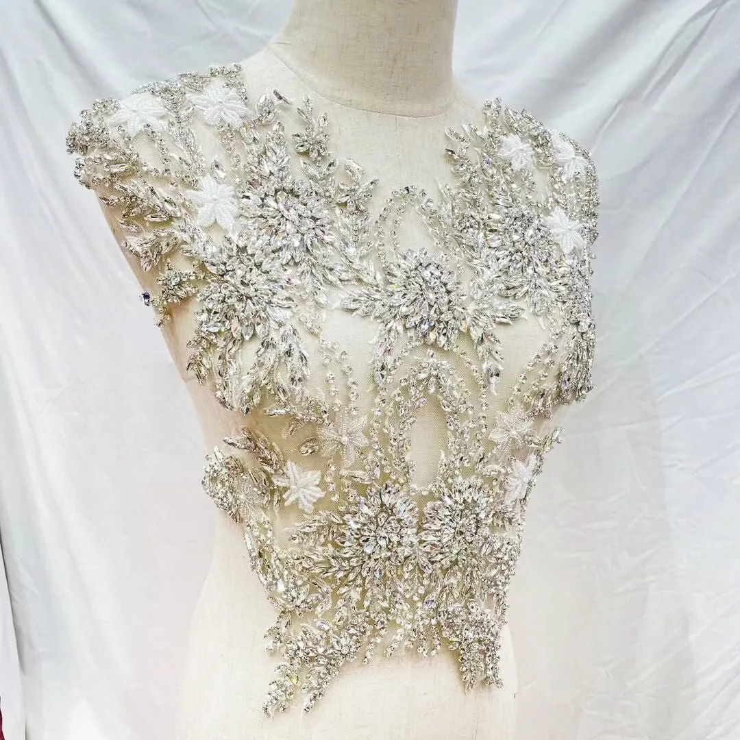 Bridal Wedding Party String Rhinestone Crystal Beaded Sequin Glitter Full Body Sew On Patch Trim Applique / 12 COLOR DESIGNS