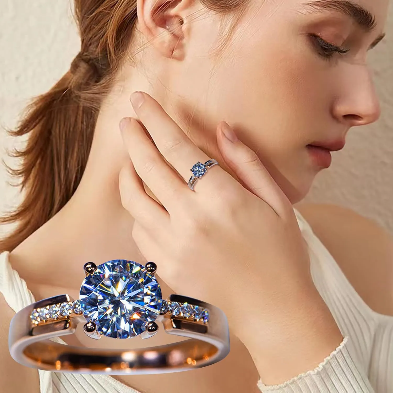 Bride Elegant Wedding Band CZ Simulated Diamond Engagement Ring for Women Minimalist Design Zircon Ring (Rose Gold, 7)