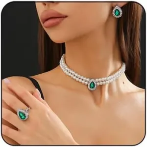 Bride Pearl Crystal Necklace Earrings Ring Set Vintage Pearl Bridal Jewelry Set Elegant Multi-layered Pearls Choker Necklace Rhinestone Stud Earrings Adjustable Ring Wedding Party Ball Anniversaries Jewelry