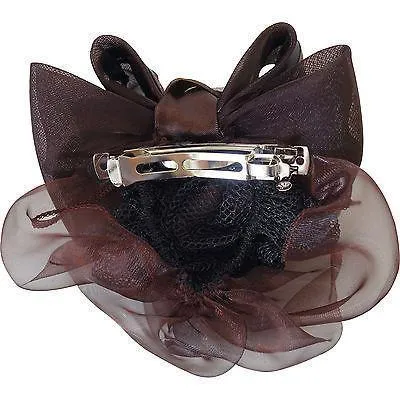 Brown Hair Bow Bun Net Barrette Clip Satin Ribbon Snood Girls Womens Accessories
