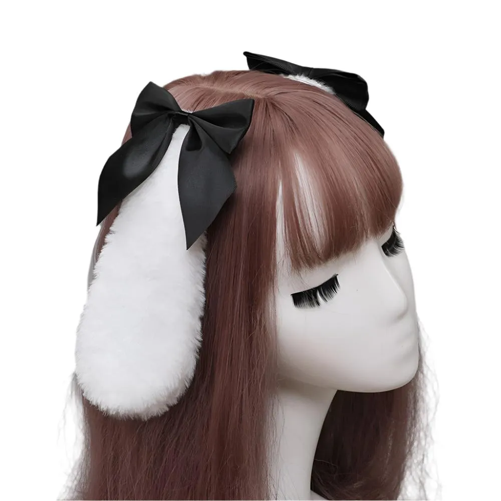 Bunny ears Hair Clips with bow - plush white rabbit