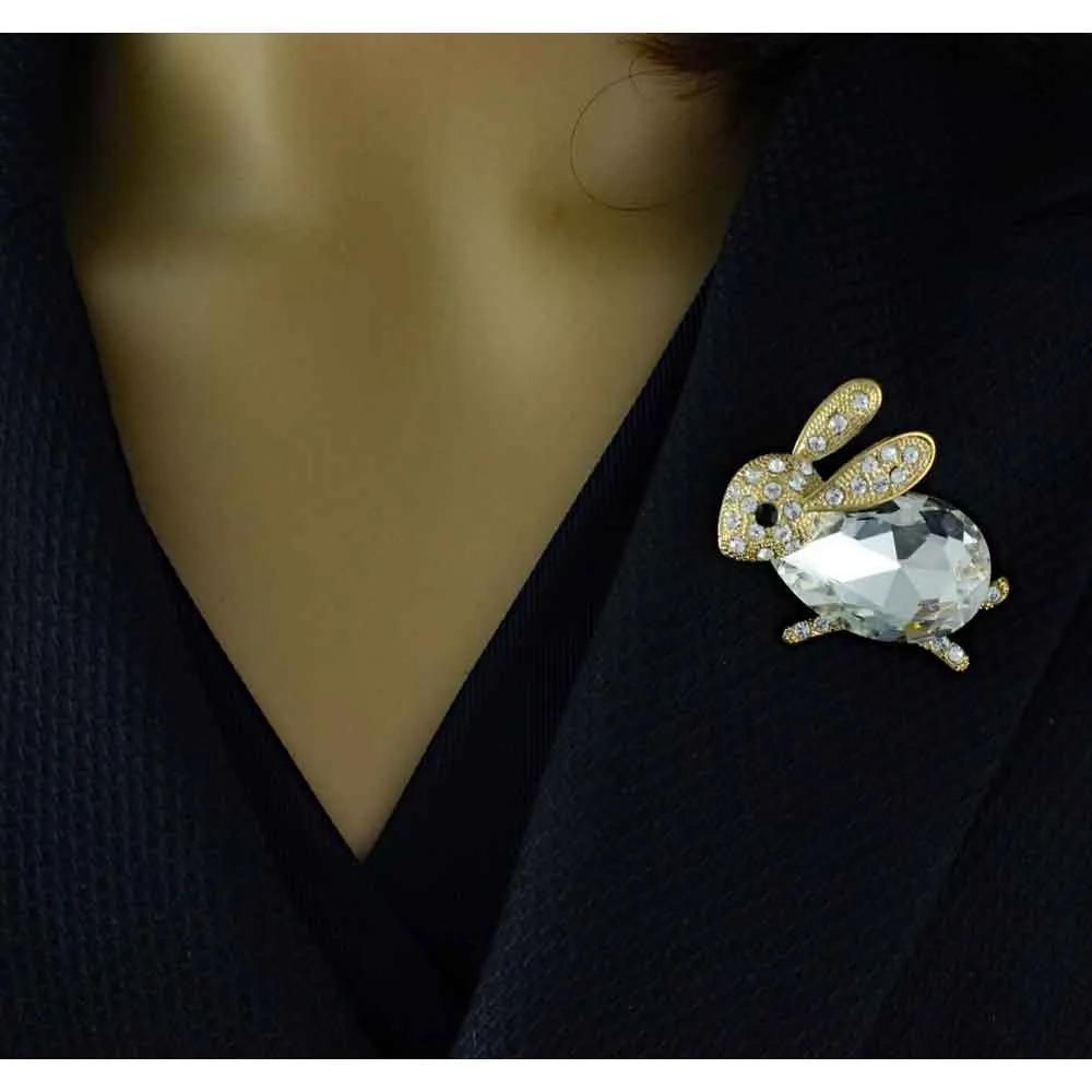 Bunny with Large Clear Glass and Crystals Brooch Pin - PRA112
