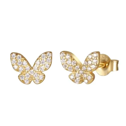 Butterfly Earrings, 14K Gold Plated 925 Sterling Silver Stud Earrings, Tarnish Free, Trendy Dainty Minimalist Zircon Earrings (Gold)