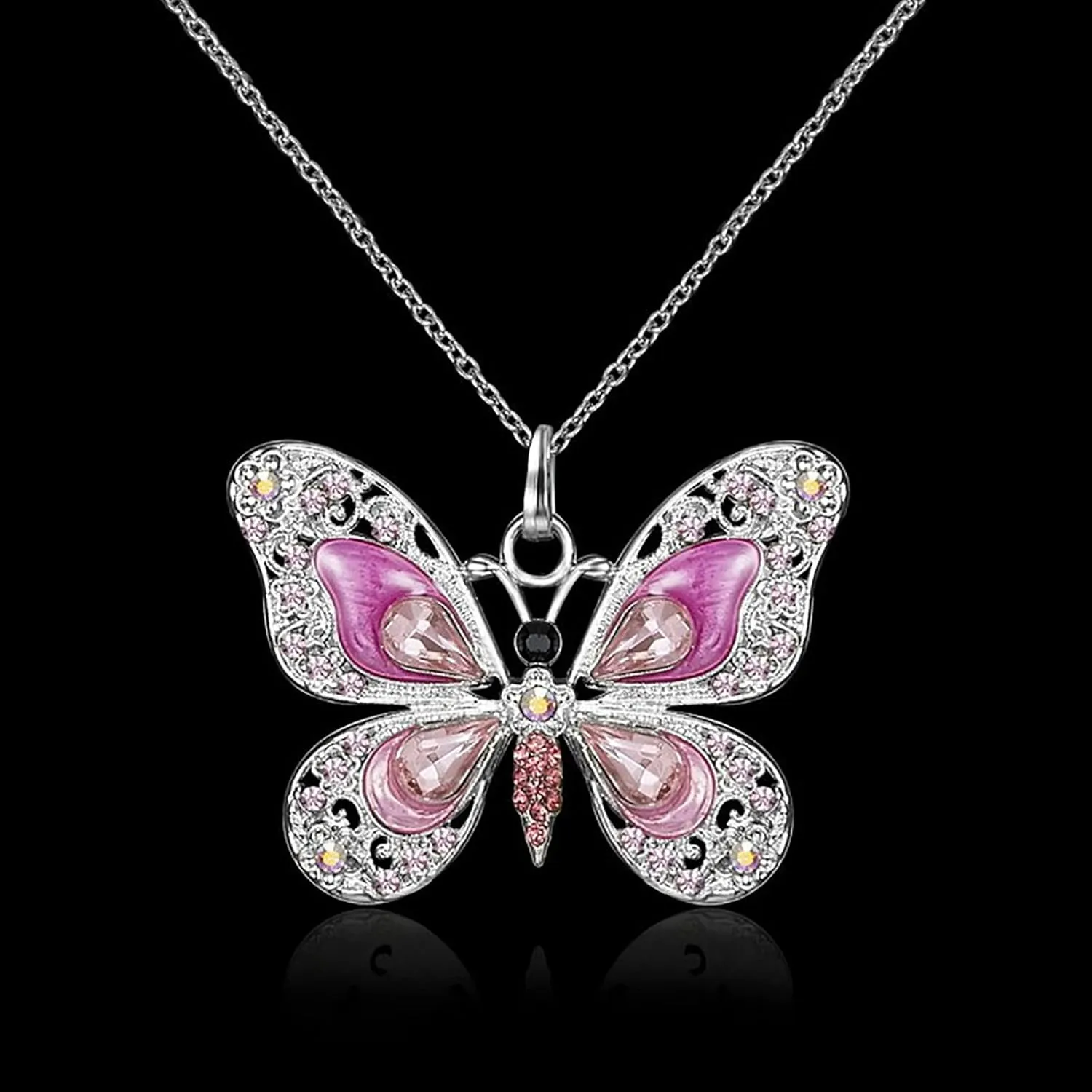 Butterfly Pendant Necklace for Womens Elegant Necklaces Inlaid Zircon Chain Necklace Jewelry (Pink, One Size)