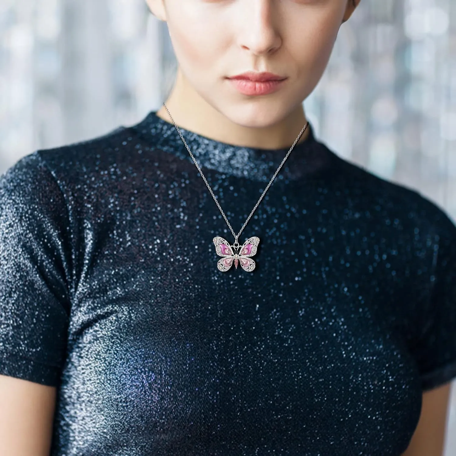 Butterfly Pendant Necklace for Womens Elegant Necklaces Inlaid Zircon Chain Necklace Jewelry (Pink, One Size)
