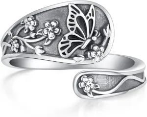 Butterfly/Hummingbird/Rose Spoon Ring for Women 925 Sterling Silver Vintage Antique Spoon Rings Hummingbird Jewelry Adjustable Rings for Girl