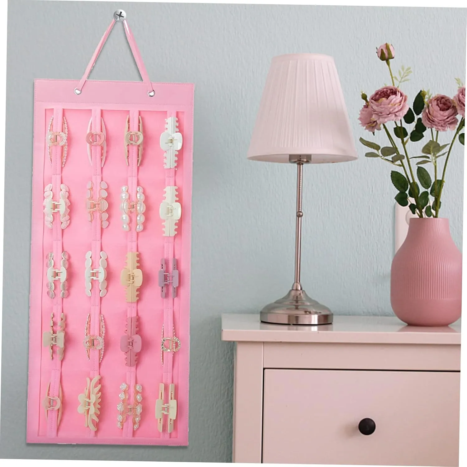 Cabilock Bow Holder for Girls Felt Claw Clip Organizer Hair Accessories Storage Bag Portable Chic Pink Hanging Holder
