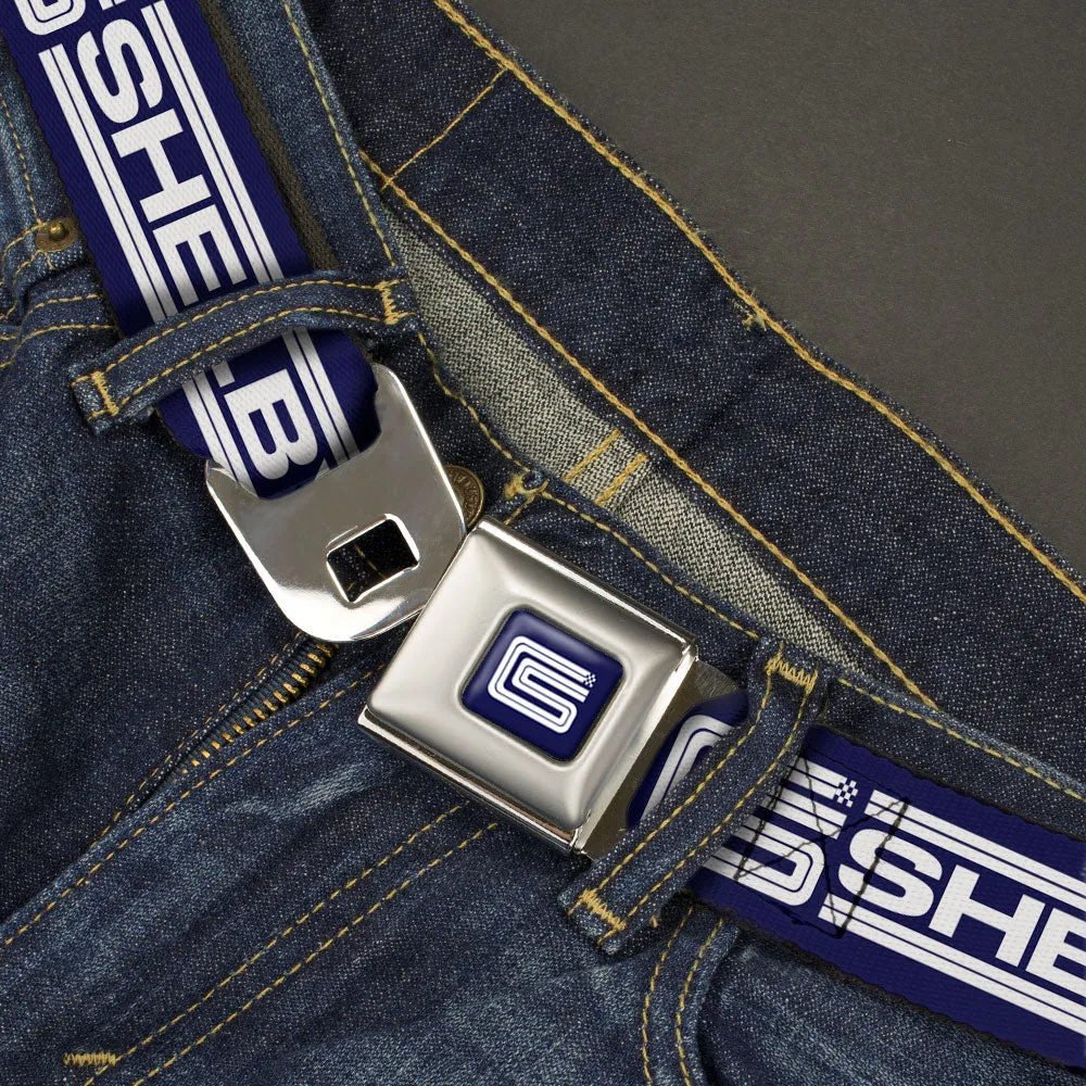 Carroll Shelby CS Racing Logo Full Color Navy/White Seatbelt Belt - Carroll Shelby CS SHELBY Racing Logo Block Navy/White Webbing