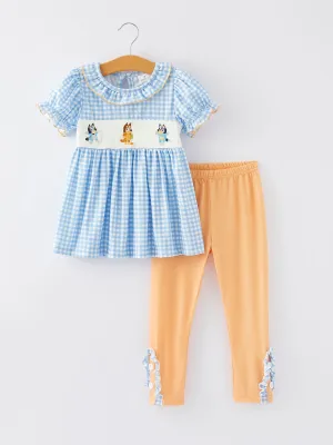 Cartoon Plaid Embroidered Girls Pants Outfit Set