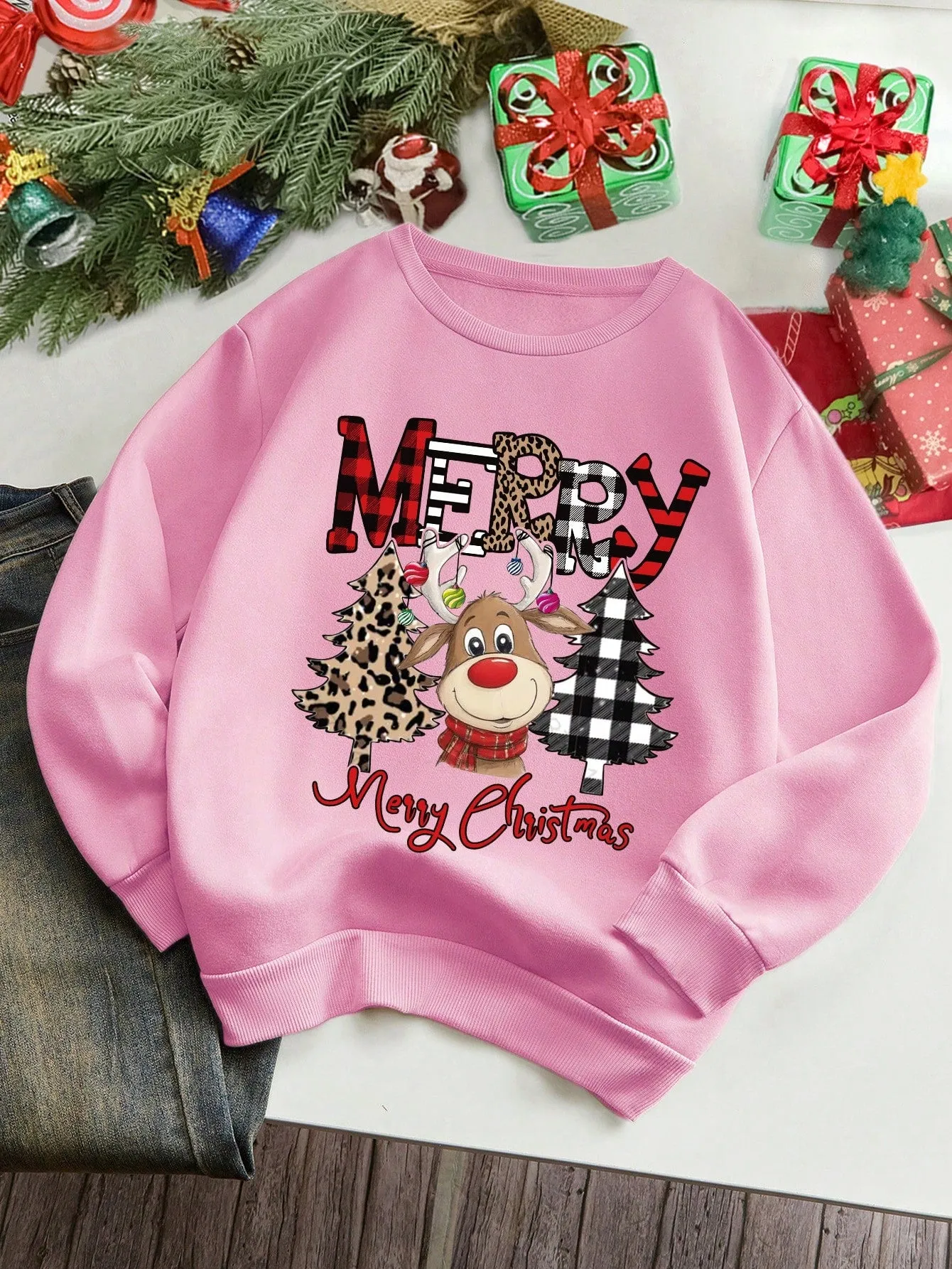 Cartoon sweatshirt|Christmas Cartoon Print Fleece Sweatshirt