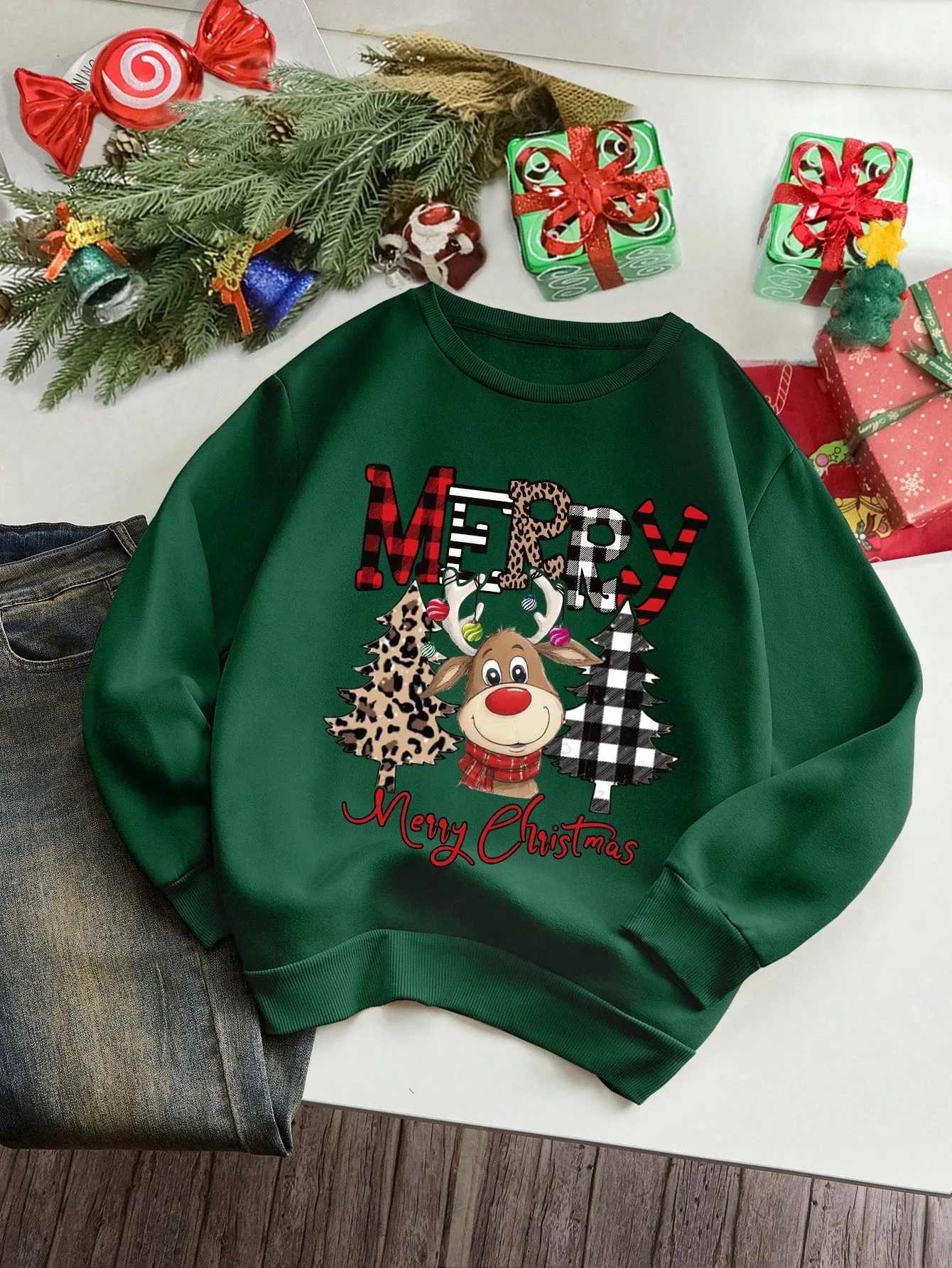 Cartoon sweatshirt|Christmas Cartoon Print Fleece Sweatshirt