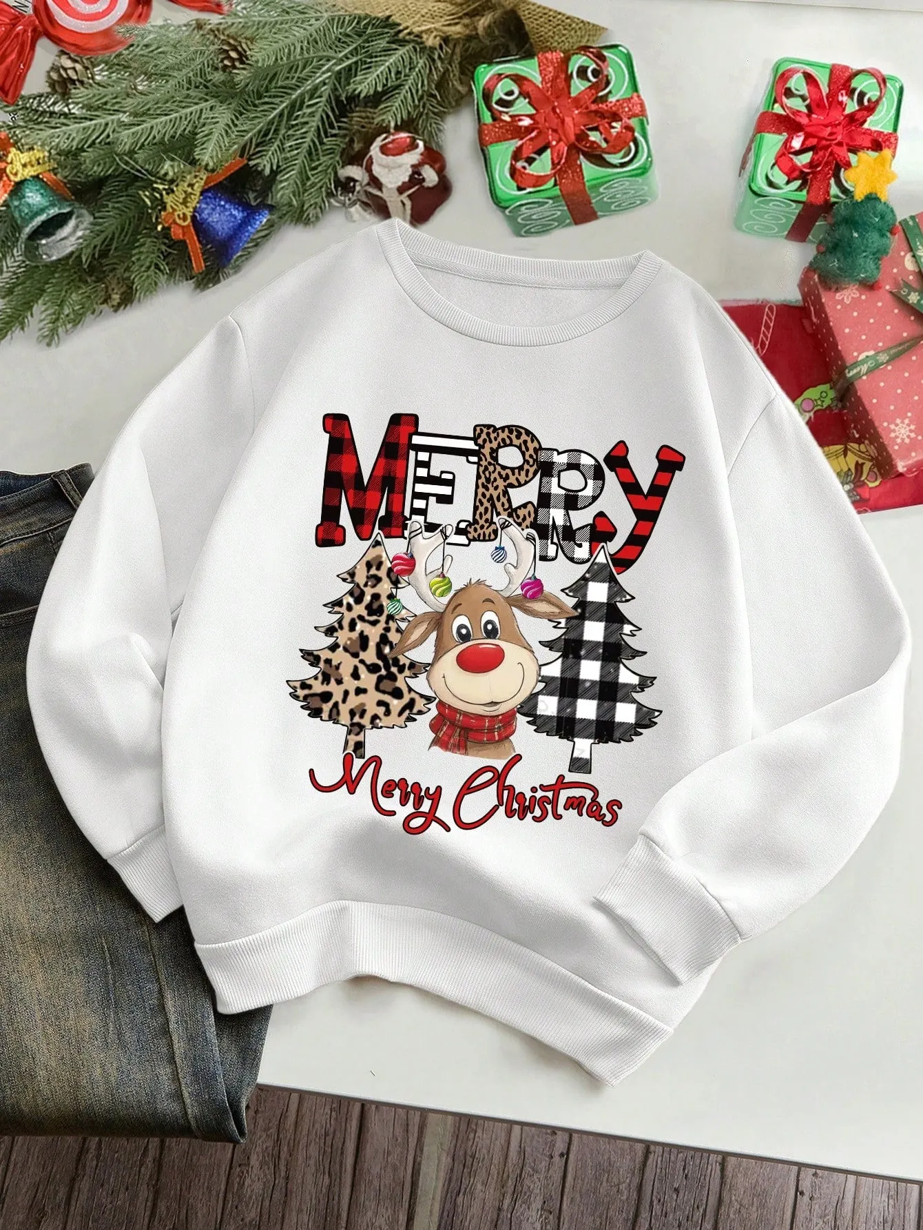 Cartoon sweatshirt|Christmas Cartoon Print Fleece Sweatshirt