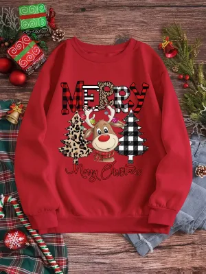 Cartoon sweatshirt|Christmas Cartoon Print Fleece Sweatshirt
