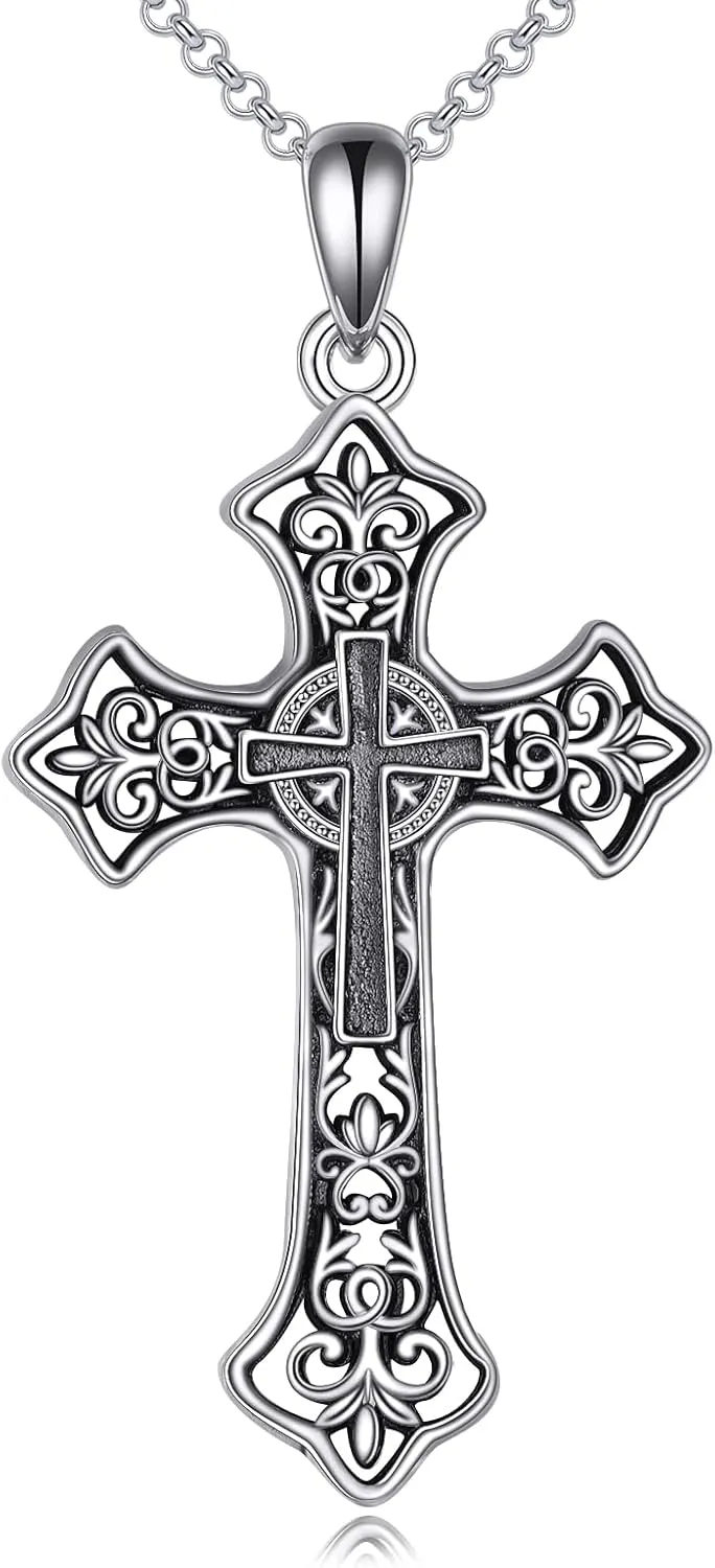 Celtic Cross Necklace Sterling Silver Vintage Cross Pendant Christain Irish Jewelry Gift for Women Men