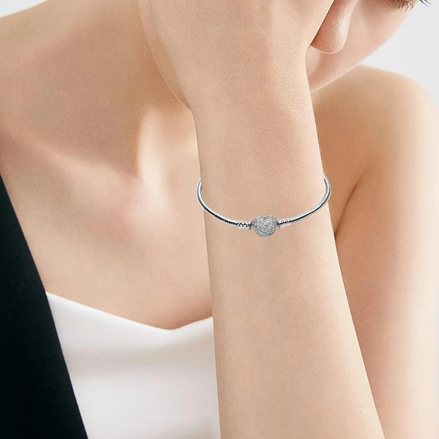 Charm Bracelet Fit For Charm Beads, 925 Sterling Silver Cubic Zirconia Heart Clasp Snake Chain Bracelet Fit Any Charm Gift for Women Girl