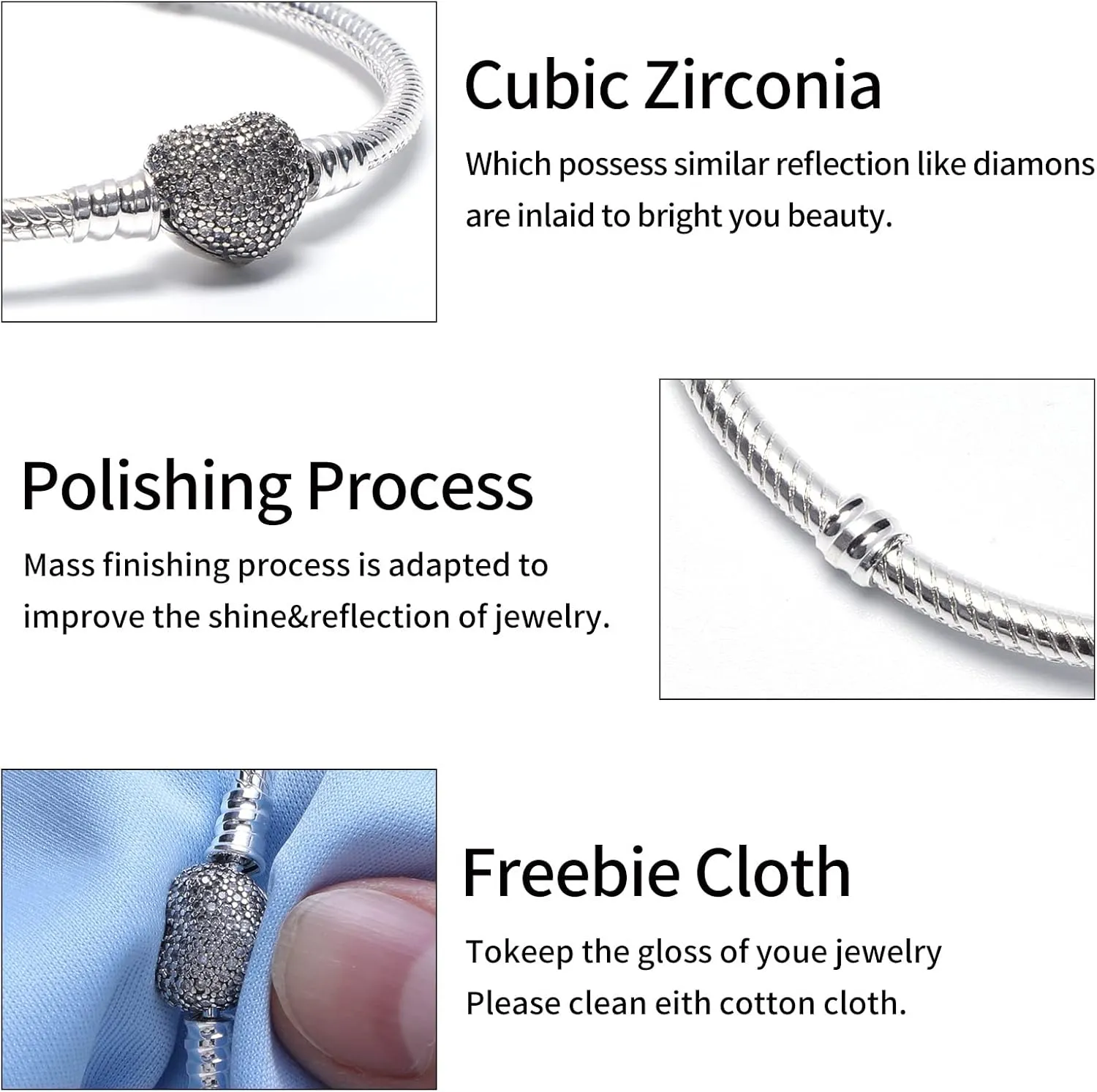 Charm Bracelet Fit For Charm Beads, 925 Sterling Silver Cubic Zirconia Heart Clasp Snake Chain Bracelet Fit Any Charm Gift for Women Girl