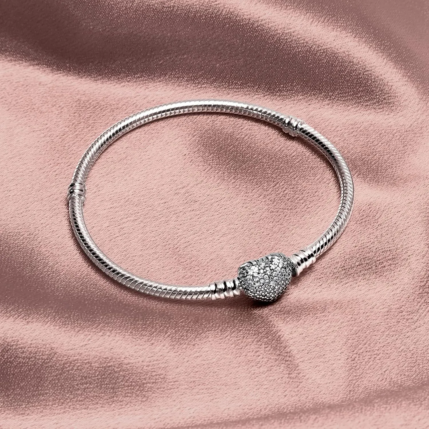 Charm Bracelet Fit For Charm Beads, 925 Sterling Silver Cubic Zirconia Heart Clasp Snake Chain Bracelet Fit Any Charm Gift for Women Girl