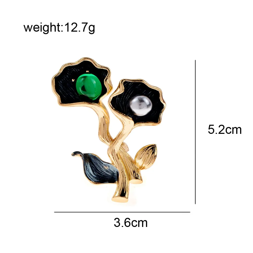 Charm Flowers Brooches For Women Lady Fashion Vintage Elegant Enamel Black Flower Pearl Pins Brooch