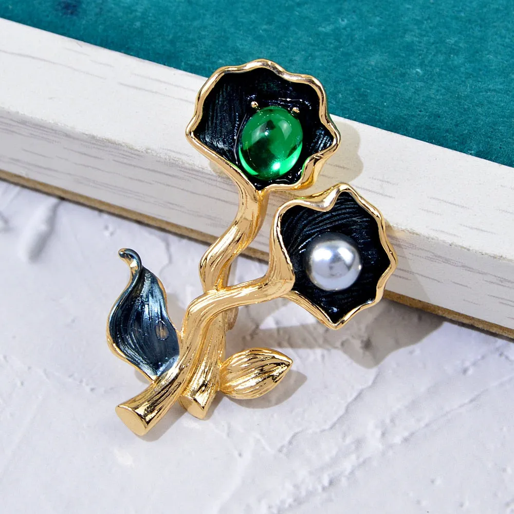 Charm Flowers Brooches For Women Lady Fashion Vintage Elegant Enamel Black Flower Pearl Pins Brooch