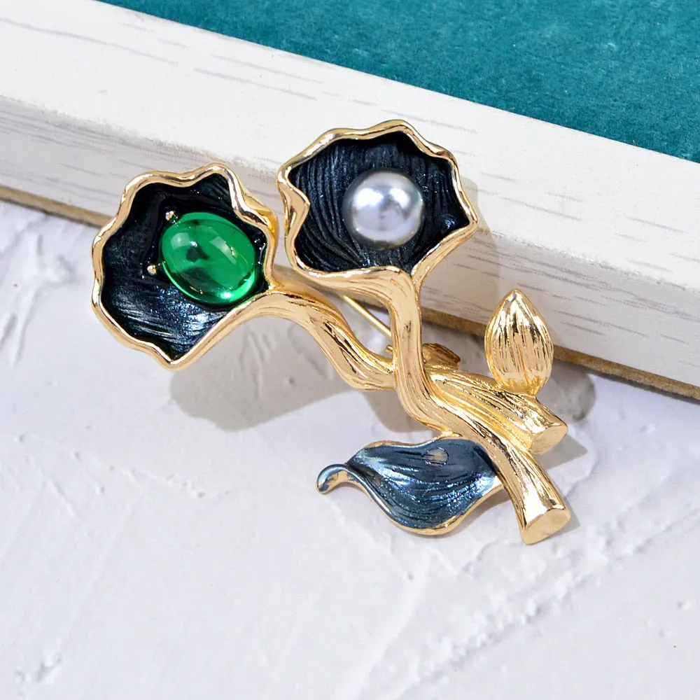 Charm Flowers Brooches For Women Lady Fashion Vintage Elegant Enamel Black Flower Pearl Pins Brooch