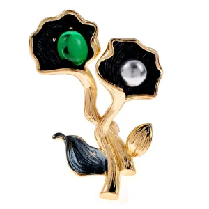 Charm Flowers Brooches For Women Lady Fashion Vintage Elegant Enamel Black Flower Pearl Pins Brooch