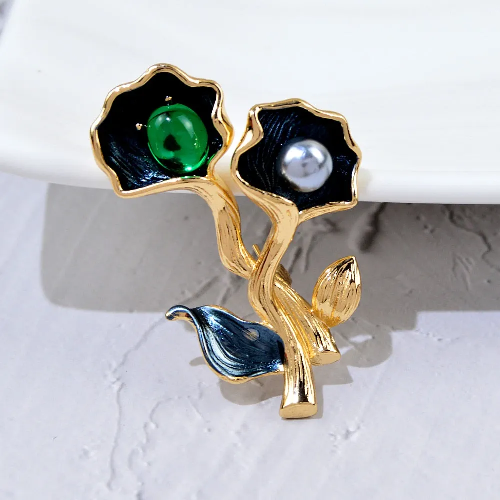 Charm Flowers Brooches For Women Lady Fashion Vintage Elegant Enamel Black Flower Pearl Pins Brooch