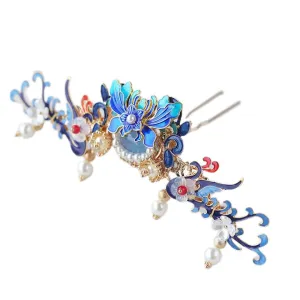 Chinese Blue Phoenix dress Children's Antique Hair Crown Pearl Tassel Hairpin 1 crown Tiaras