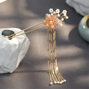 Chinese Golden Imitation Pearl Flower Long Fringe Hairpin Step Shaking Ornament 1 pcs