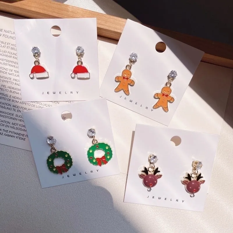 Christmas Earrings Cartoon Cute Santa Elk Earrings Sterling Silver Needle Sweet Girl Earrings Wholesale