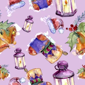 Christmas Fabric, Stockings, Bells, Lanterns on light purple, Cotton or Fleece, 3333
