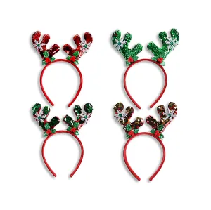 Christmas Flip Sequin Reindeer Antler Headband with Jewelled Snowflake and Holly Berries 9.25in VRT