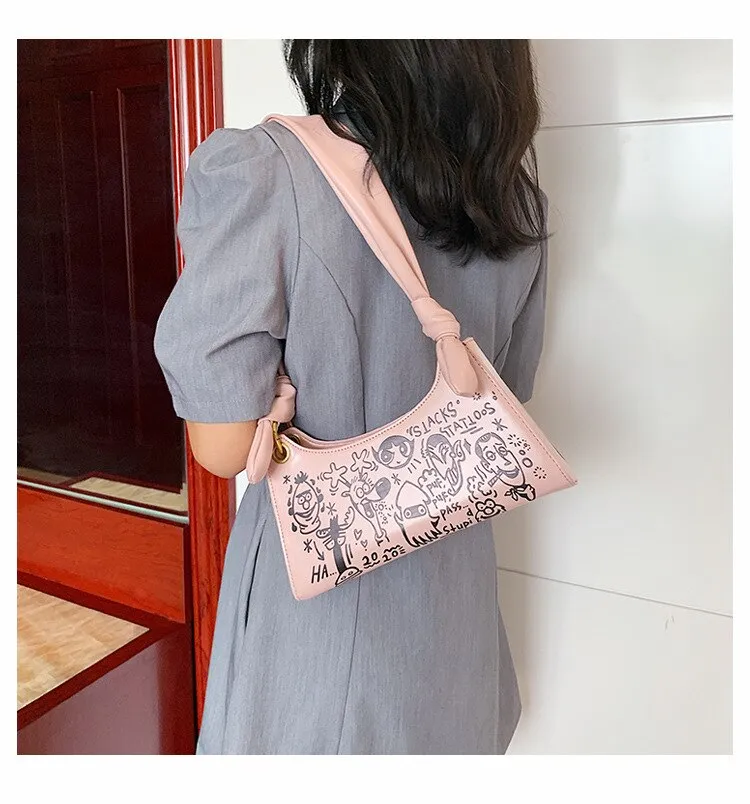 Christmas Gift Cartoon Graffiti Underarm Bag Female 2020 New Fashion Portable Bag Soft Leather Shoulder Bag For Women Quality Tote