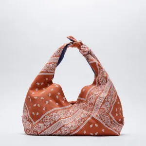 Christmas Gift Fashion Printing Canvas Women Handbags Scarf Knotted Strap Women Shoulder Bags Large Capacity Underarm Women's Bag Females Tote