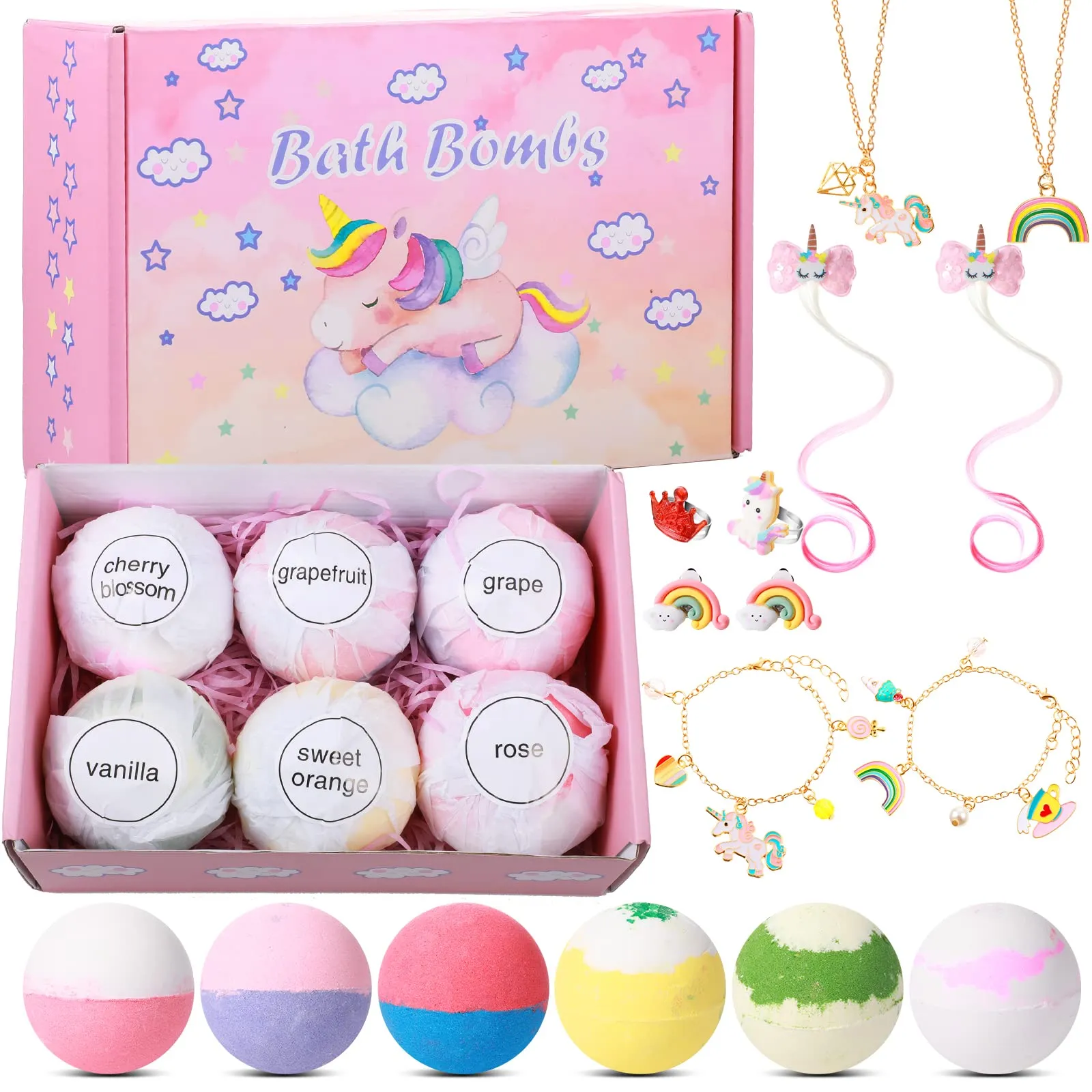 Christmas Gift for Girls 6 Pcs Kids Bath Bombs with Surprise Jewelry Gentle Bubble Fizzy Bath Balls with Ring Bracelet Necklace and Ear Clip for Christmas Party Princess Supplies (Unicorn Style)