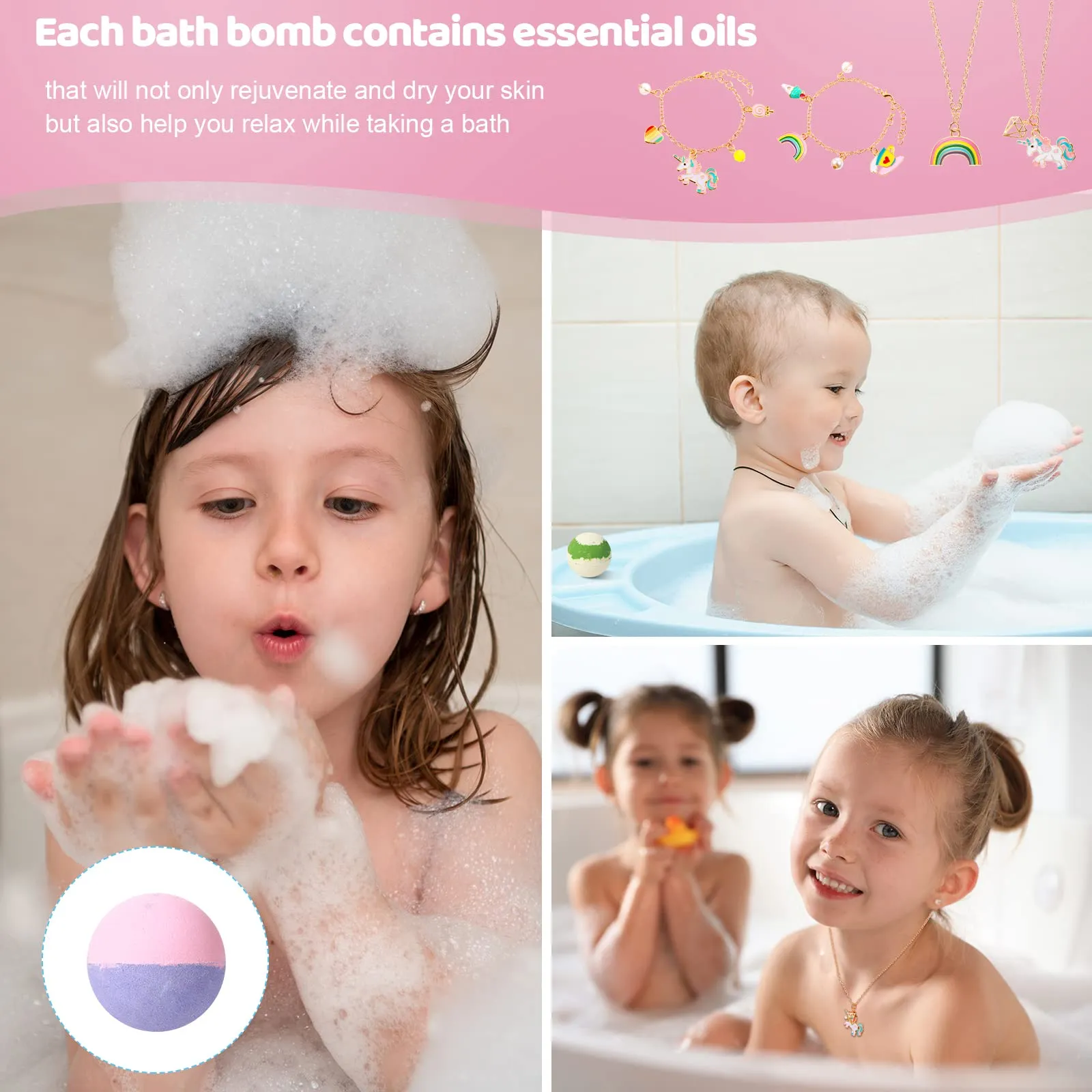 Christmas Gift for Girls 6 Pcs Kids Bath Bombs with Surprise Jewelry Gentle Bubble Fizzy Bath Balls with Ring Bracelet Necklace and Ear Clip for Christmas Party Princess Supplies (Unicorn Style)