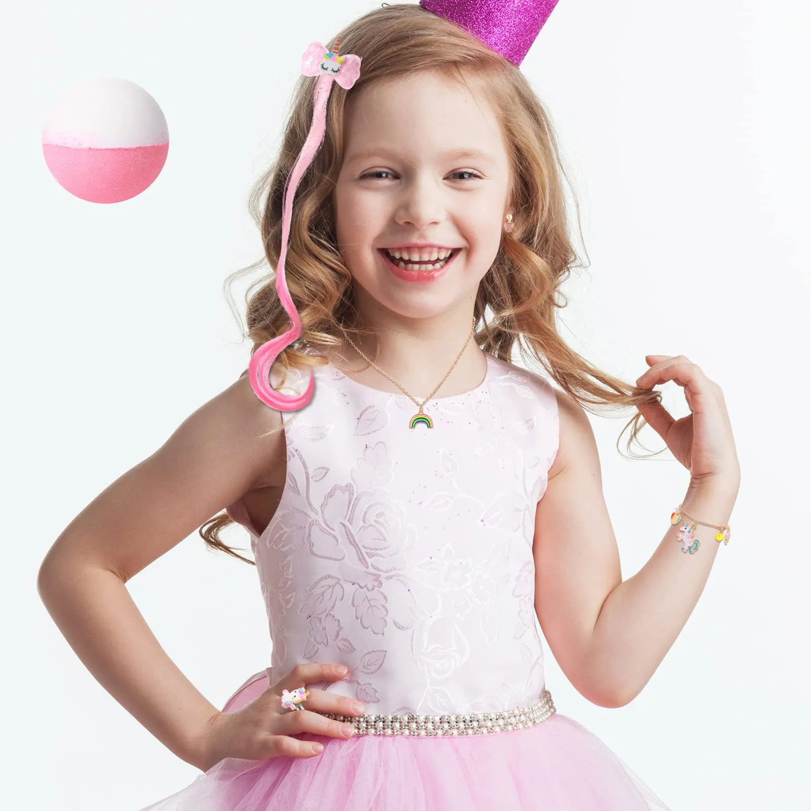 Christmas Gift for Girls 6 Pcs Kids Bath Bombs with Surprise Jewelry Gentle Bubble Fizzy Bath Balls with Ring Bracelet Necklace and Ear Clip for Christmas Party Princess Supplies (Unicorn Style)