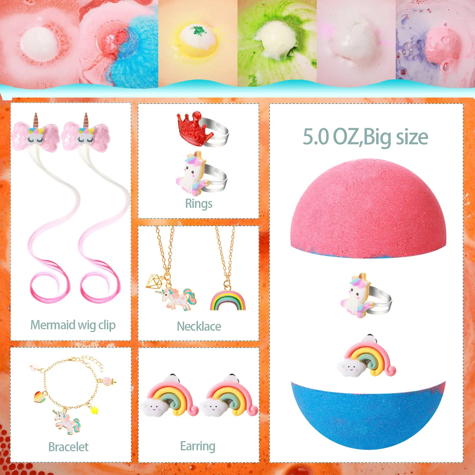 Christmas Gift for Girls 6 Pcs Kids Bath Bombs with Surprise Jewelry Gentle Bubble Fizzy Bath Balls with Ring Bracelet Necklace and Ear Clip for Christmas Party Princess Supplies (Unicorn Style)